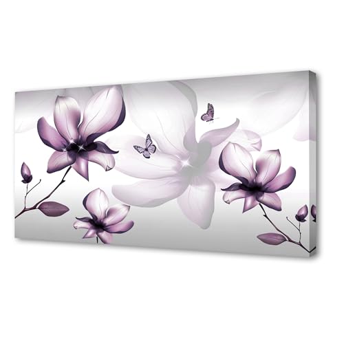 Muolunna BK06562 Purple Magnolia with Butterfly Flower Canvas Wall Art Picture 1 Panel 3D Wallpaper Modern Art Prints Painting for Bedroom Modern Office Wall Decor Artwork - color: Purple, size: 48"L x 24"W
