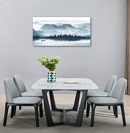 arteWOODS Indigo Mountain Canvas Wall Art Foggy Lake Boat Pictures, 29"x58" - color: Indigo Mountain Lake, size: 58"L x 29"W