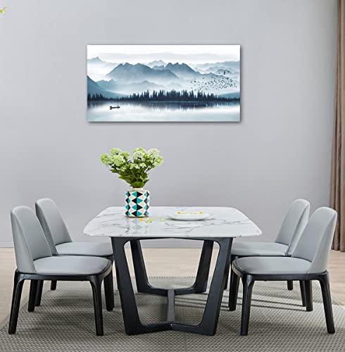 Indigo Mountain Framed Canvas Wall Art Foggy Lake Boat Pictures, 24"x48" - color: Indigo Mountain Lake, size: 48"L x 24"W