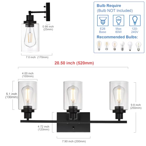 MELUCEE Bathroom Vanity Light Fixtures 3 Lights Black with Clear Glass - color: Black, size: 3-Light