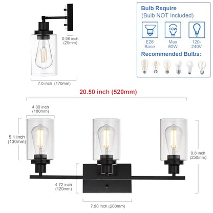 MELUCEE Bathroom Vanity Light Fixtures 3 Lights Black with Clear Glass - color: Black, size: 3-Light