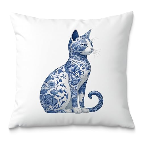 Blue and White Chinoiserie Floral Pillow Covers 18x18, Gifts for Cat Lovers Mom Lady Owners, Elegant Kitten Kitty Decorative Pillow Covers for Home Bedroom Living Room Decor, Pet Lover Gifts - color: Style18