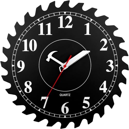 12 Inch Wall Clock with Circular Saw Blade Dial, Handsaw and Hammer Pointer,Great Decor for Home,Workshop and Man Cave (Black) - color: Black