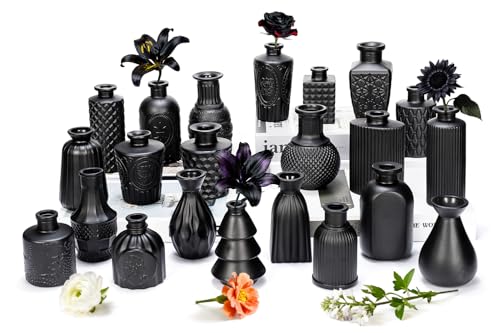 Black Glass Bud Vase Set of 22 Pcs,Small Bud Vases in Bulk,Glass Crystal Flower Vases Table Centerpieces for Party Event Wedding Decor Baby Shower Decorations (Classic Black, 22 Pcs) - color: Classic Black, size: 22 Pcs