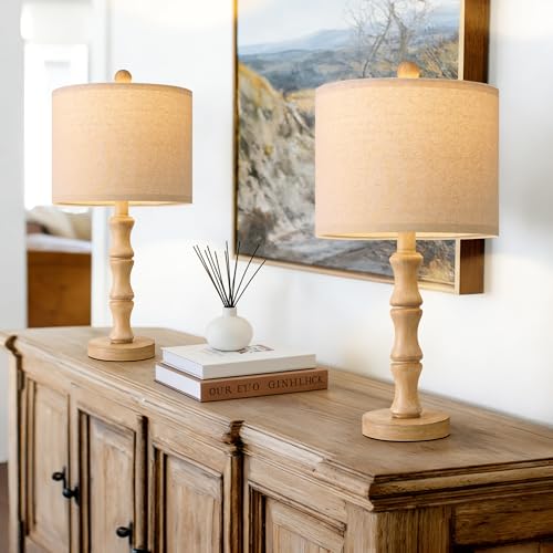 BOBOMOMO 20.5" Farmhouse Table Lamps Set of 2, Rustic Nightstand Lamps with Wood Grain Resin Base & Linen Shade, Small Bedside Lamps for Bedroom, Living Room, Apartment Side Table & Small Spaces - color: SMALL 20.5"-Burlywood Color