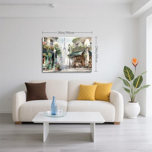 Framed Green Cafe Canvas Wall Art, 36"x24" European Street Scene - color: Green 01, size: 36"L x 24"W