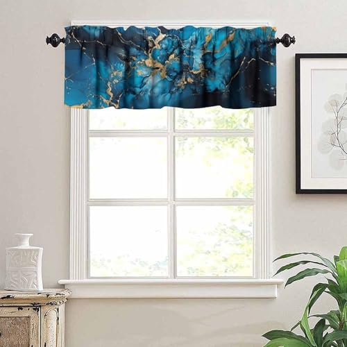Dark Blue Marble Valance, Luxury Abstract Navy Blue Black Golden Marble Texture Print Blackout Valance Curtain for Kitchen Cafe Bedroom Living Room, 54x18inch - color: Marble-10