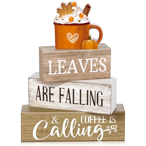 Lineshading 4 Pcs Fall Coffee Table Decor Wooden Pumpkin Latte Block Signs - style: Cow Home Eucalyptus