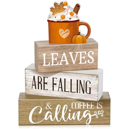 Lineshading 4 Pcs Fall Coffee Table Decor Wooden Pumpkin Latte Block Signs - style: Cow Home Eucalyptus