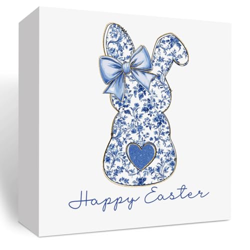 Easter Rabbit Decoration, Blue Floral Chinoiserie Bunny Decor, Happy Easter Decor, Coquette Girls Gift, Wooden Box for Rustic Home Bedroom Living Room Table Shelf Office - color: Cute Hippy Bunny-5