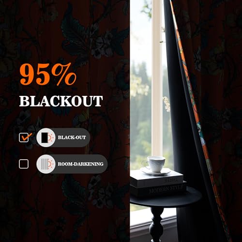 MYSKY HOME Orange Floral Blackout Curtains 84 inches Long for Living Room Bedroom Room Darkening Thermal Insulated Energy Efficient Drapes Grommet Country Window Panels for Home Decor, 2 Pcs, 52" Wide - color: Orange, size: 52"W x 84"L (Pack of 2)