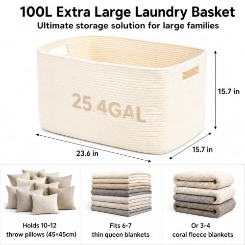 25.4GAL Collapsible Cotton Rope Extra Large Storage Basket For Bedroom Closet, Boho Rectangular Short Hamper Woven Storage Baskets for Living Room Throw Pillows Blankets Dirty Clothes, Beige - color: Beige, size: 25.4GAL