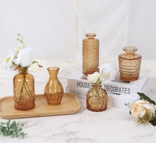 5pcs Amber Glass Bud Vase Set, Gold Small Flower Vases for Centerpieces - color: Amber, size: 5pcs