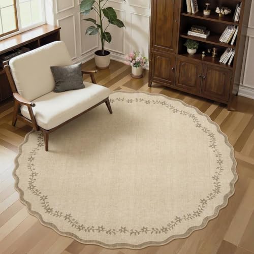 GarveeHome Round Rugs 4ft Scalloped Washable Small Circle Rug for Kids Room - color: Jute, size: 4' (Round)