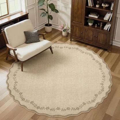 GarveeHome Round Rugs 4ft Scalloped Washable Small Circle Rug for Kids Room - color: Jute, size: 4' (Round)