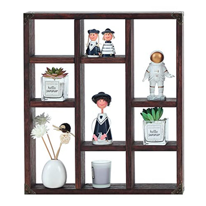 17.7x15.7-Inch Shadow Box Shelf 9-Slot Rustic Floating Shelves Larger Wall Mounted Shelf Lightweight Solid Wood Display Shelf Freestanding Farmhouse(9C-Rustic Walnut) - color: 9c-rustic Walnut, size: 1 PCS