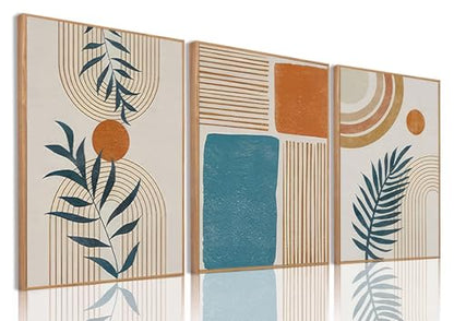 Boho Abstract Botanical Framed Canvas Wall Art Set of 3, 12x16 inch - color: Boho Blue, size: 12"x16"Natural