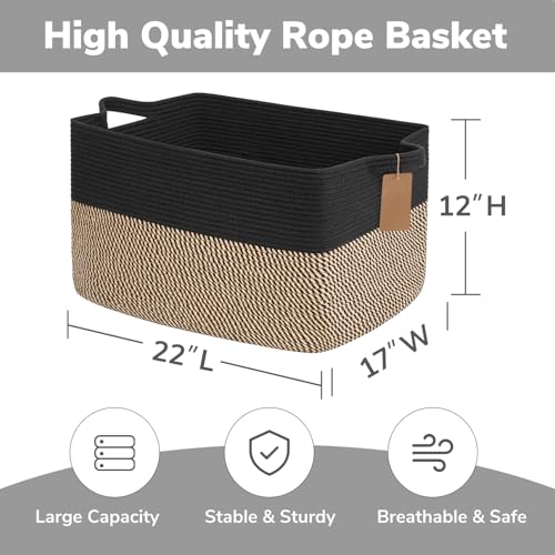 Goodpick 75L Extra Large Woven Blanket Basket, Rectangle, Black & Jute - color: Black Jute, size: 22"L x 17"W x 12"H