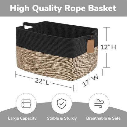 Goodpick 75L Extra Large Woven Blanket Basket, Rectangle, Black & Jute - color: Black Jute, size: 22"L x 17"W x 12"H