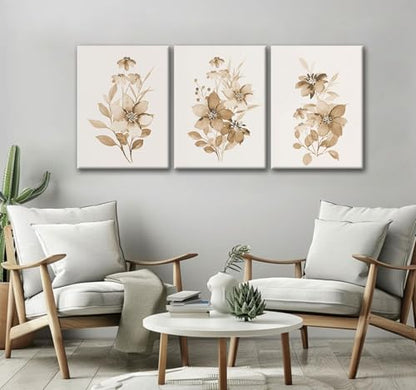 Neutral Botanical Canvas Wall Art Set of 3, Beige Floral Prints, 12x16 - color: monochrome flowers and plants, size: 12x16 inch