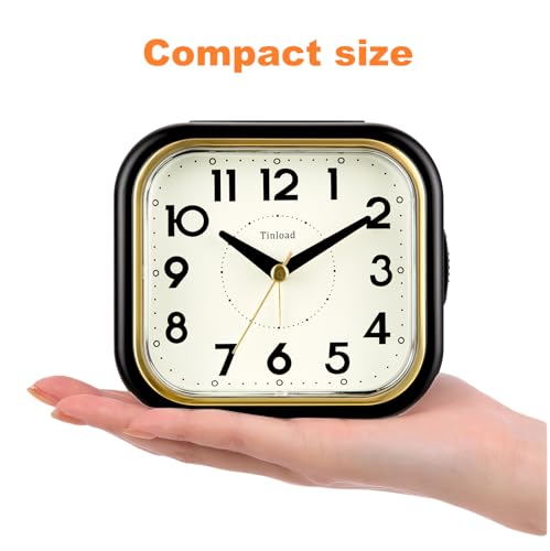 Tinload 4.3" Vintage Retro Analog Alarm Clock, Super Silent Non Ticking Clock with Manual Light, Snooze, Battery Operated, Simply Design, for Living Room, Bedroom, Bedside, Desk(Black-V2) - style: Black-Gold