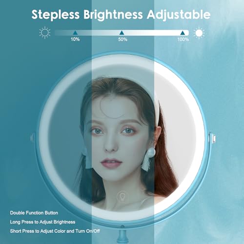 DEIOVWXS Makeup Mirror, Rechargeable Vanity Mirror with 3 Lights, 1X/10X - color: Sky Blue