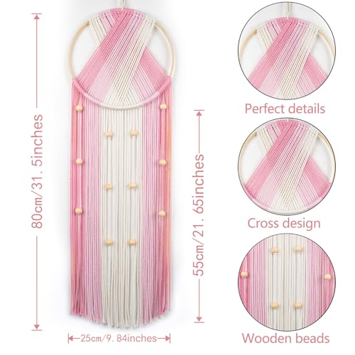 EOBTAIN Pink Macrame Wall Hanging Dream Catchers Pink and Beige Woven Tapestry Wall Art with Ombre Tassel, Boho Macrame Wall Decor for Bedroom Living Room Apartment Home,31.5L x9.84W Inch - color: Pink Beige