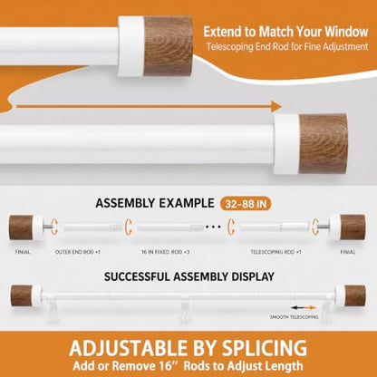 1 Pack Boho Rustic Adjustable Wood Curtain Rod 32-88 Inch, White - color: White, size: 32"-88"|1 PACK