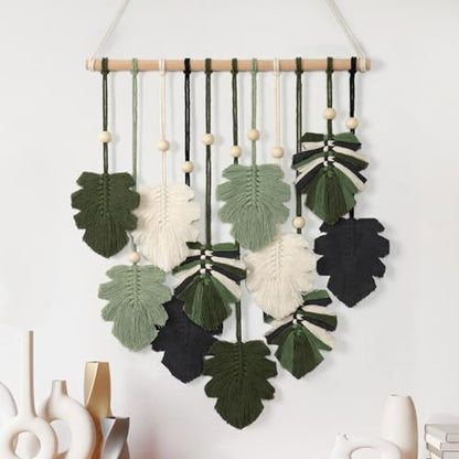 Macrame Wall Hanging Boho Home Decor Bohemian Leaves Woven Yarn Tapestry - color: Z Leaves-Green