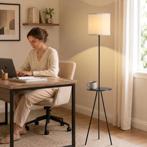 Floor Lamp with Table Attached, Linen Shade, Standing Lamp for Living Room - color: Black