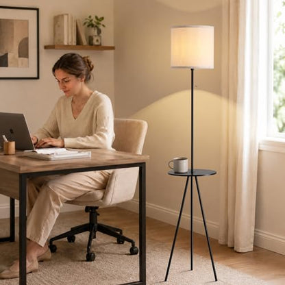 Floor Lamp with Table Attached, Linen Shade, Standing Lamp for Living Room - color: Black