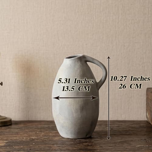 Rustic Ceramic Vase with Handle, 10.3 Inch, Handmade Decor - color: White Gray