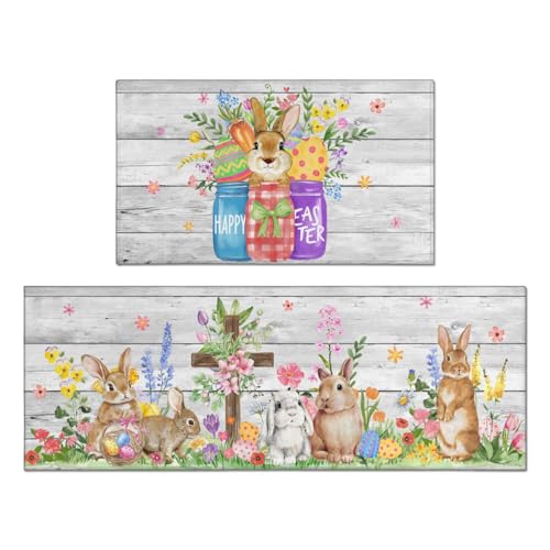 Easter Kitchen Rugs Set of 2, Gray Wood Grain Bunny Floral Kitchen Mat, Bunny Kitchen Decor Non-Slip Washable Floor Mat,Suitable for Easter Kitchen Sink Laundry Room,17x30+17x47 Inch - color: Easter