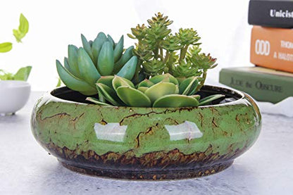VanEnjoy 7.3 inch Round Large Shallow Succulent Ceramic Glazed Planter Pots with Drainage Hole, Bonsai Pots Garden Decorative Cactus Stand Flower Container (Green) - color: Green