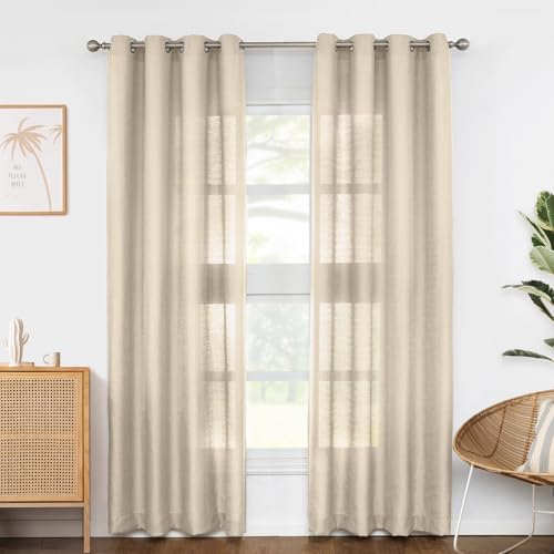 Melodieux Tan Semi Sheer Curtains 63 Inch Length for Living Room, Linen Rustic Bedroom Privacy Window Grommet Sheer Drapes, 52 by 63 Inch, 2 Panels - color: Tan, size: 52"W x 63"L (Pack of 2)
