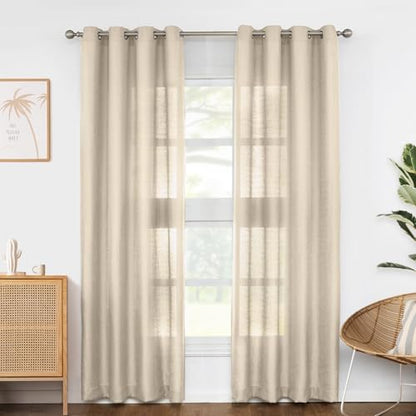 Melodieux Tan Semi Sheer Curtains 63 Inch Length for Living Room, Linen Rustic Bedroom Privacy Window Grommet Sheer Drapes, 52 by 63 Inch, 2 Panels - color: Tan, size: 52"W x 63"L (Pack of 2)