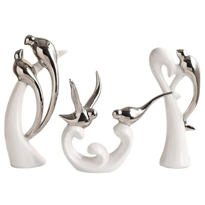 Ceramic Statues Set of 3, Birds and Base Sculpture Modern Home Decor - color: White and Silver