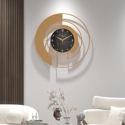 18-Inch Modern Large Metal Wall Clock, Marble-Patterned Tempered Glass Dial, Silent, Non Ticking, Battery Operated Gold Creative Clock, for Bedroom aqnd Living Room Home Wall Decoration - color: Gold