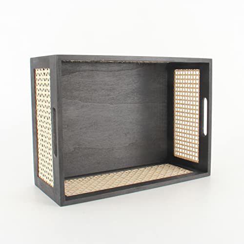 Black Wooden Rattan Storage Basket with Handle,14.96"x11.02"x6.30" - color: Black, size: Large (Set of 1)