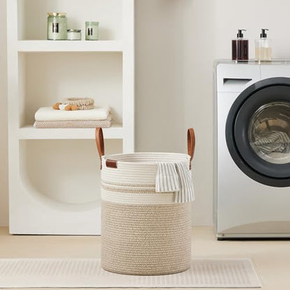 VIPOSCO 53L Tall Woven Rope Laundry Hamper, Leather Handles, Brown & White - color: Brown & White, size: 53L