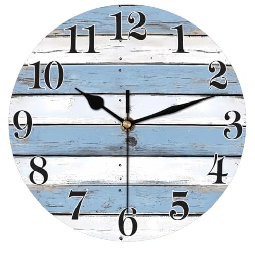 Coastal Country Wooden Wall Clock Battery Operated 10 in Round Wall Clocks Slilent Non Ticking Quartz Analog Clock for Bedroom Kids Living Room Classroom Decor - color: White Blue Wooden Texture