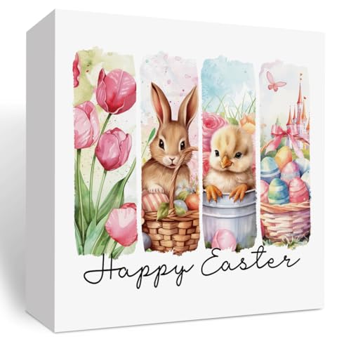 Easter Bunny Decor, Easter Floral Spring Decor, Pink Happy Easter Decor, Easter Eggs Decor, Easter Coquette Girls Gift, Wooden Box Decor for Rustic Home Bedroom Living Room Table Shelf Office - color: Happy Easter