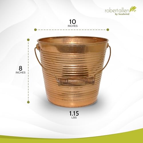 Headwind Vintage Ribbed Metal Planter with Handle, 10-Inch, New Penny – Metal Flower Pot & Decorative Bucket Planter, Rustic Metal Outdoor Planter with Drainage Hole for Indoor Plants & Outdoor Garden - color: New Penny, size: 10"