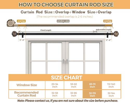 USFOOK Curtain Rods for Windows 66 to 120 Inch, Black, Leaf Finials - color: Black, size: 66-120"