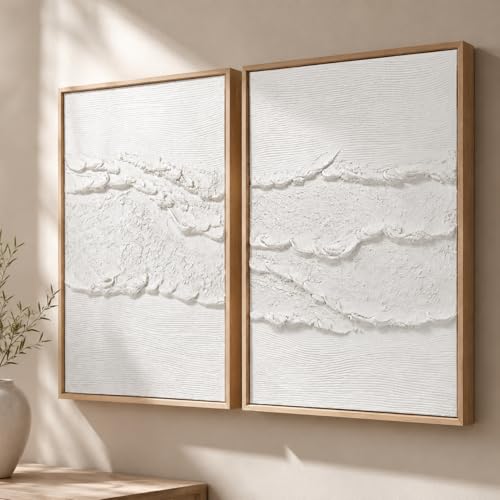 Artiluxy Neutral Abstract Wall Art Set of 2, Framed 3D Textured, 16x20 Inch - color: White B