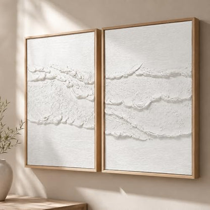 Artiluxy Neutral Abstract Wall Art Set of 2, Framed 3D Textured, 16x20 Inch - color: White B