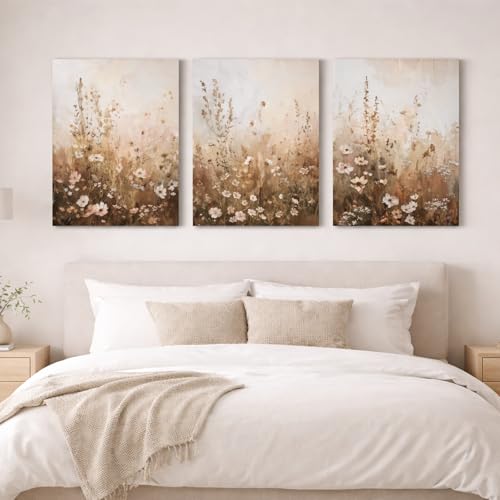 Neutral Wildflower Canvas Wall Art, 3 Piece Gallery Wrapped Set, 12x16 - color: Wildflowers in the grass, size: 12x16 inch