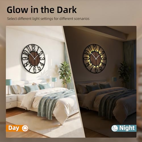 32" Silent Large Wall Clock – Adjustable Night Light, Battery Operated - color: Black Walnut - Arabic Numerals, size: 32 inch(80 cm)