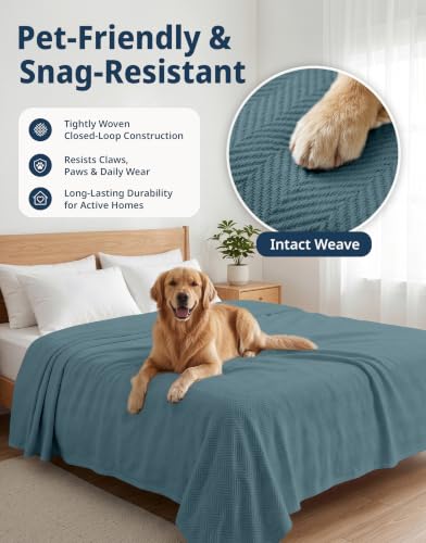LANE LINEN Cozy Blanket Queen, 100% Cotton Textured Herringbone Weave - color: 07: Teal, size: Queen