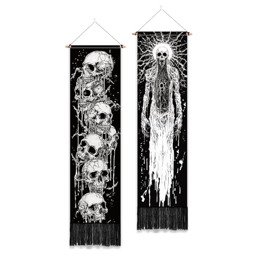 PLIGREAT 2 Pack Skeleton Tapestry with Tassels, 52" x 13" Black and White Aesthetic Wall Hanging Goth Style Vertical Home Art Tapestry for Bedroom Living Room Long Narrow Wall Hanging Art Decor - color: black,white